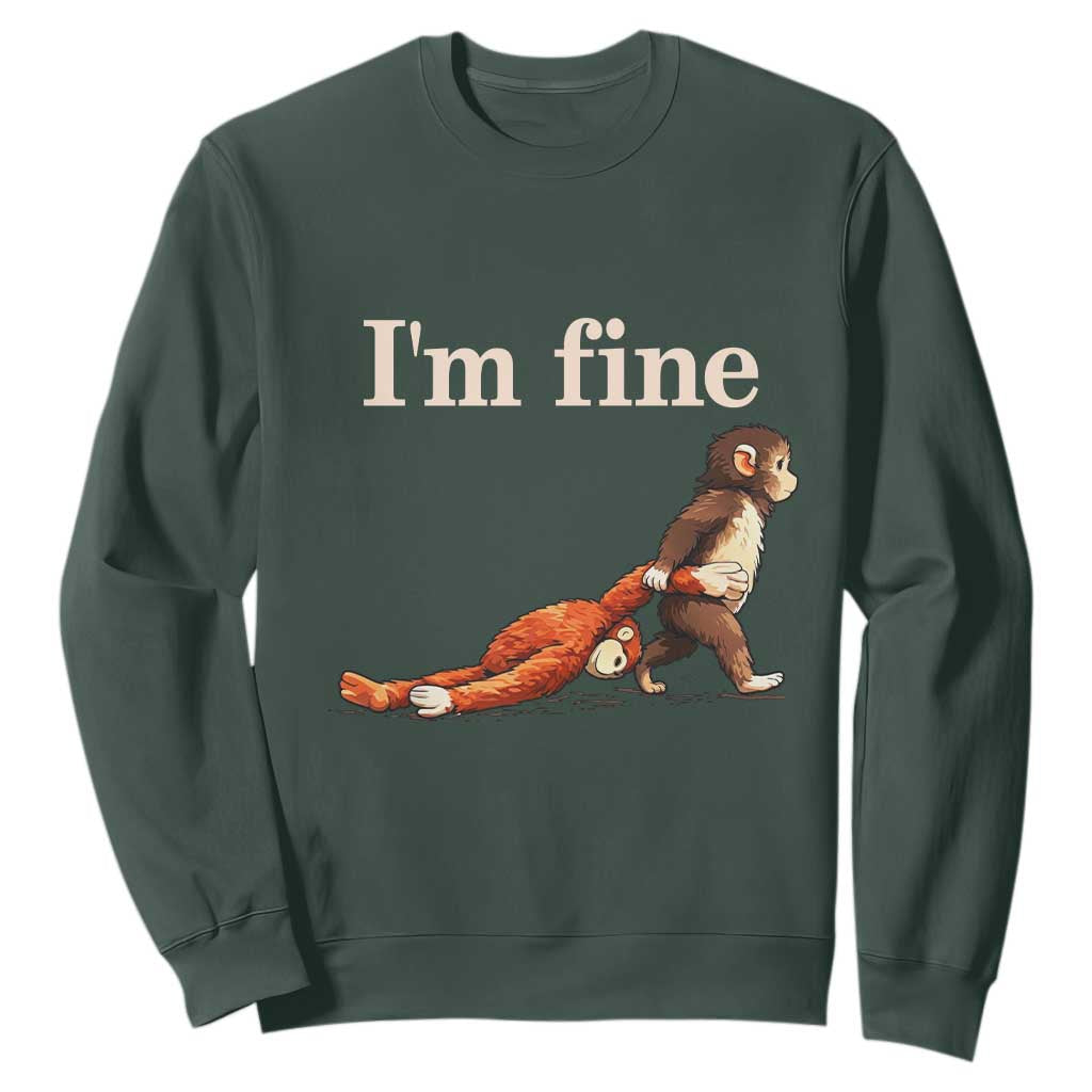I’m Fine Funny Monkey Meme Sweatshirt Viral Punch Baby Monkey Relatable Cute Gift TS02 Dark Forest Green Print Your Wear