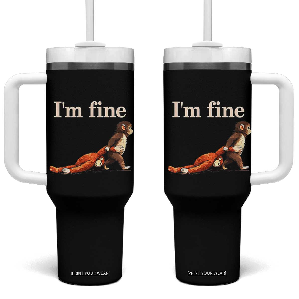 I’m Fine Funny Monkey Meme Tumbler With Handle Viral Punch Baby Monkey Relatable Cute Gift TS02 One Size: 40 oz Black Print Your Wear