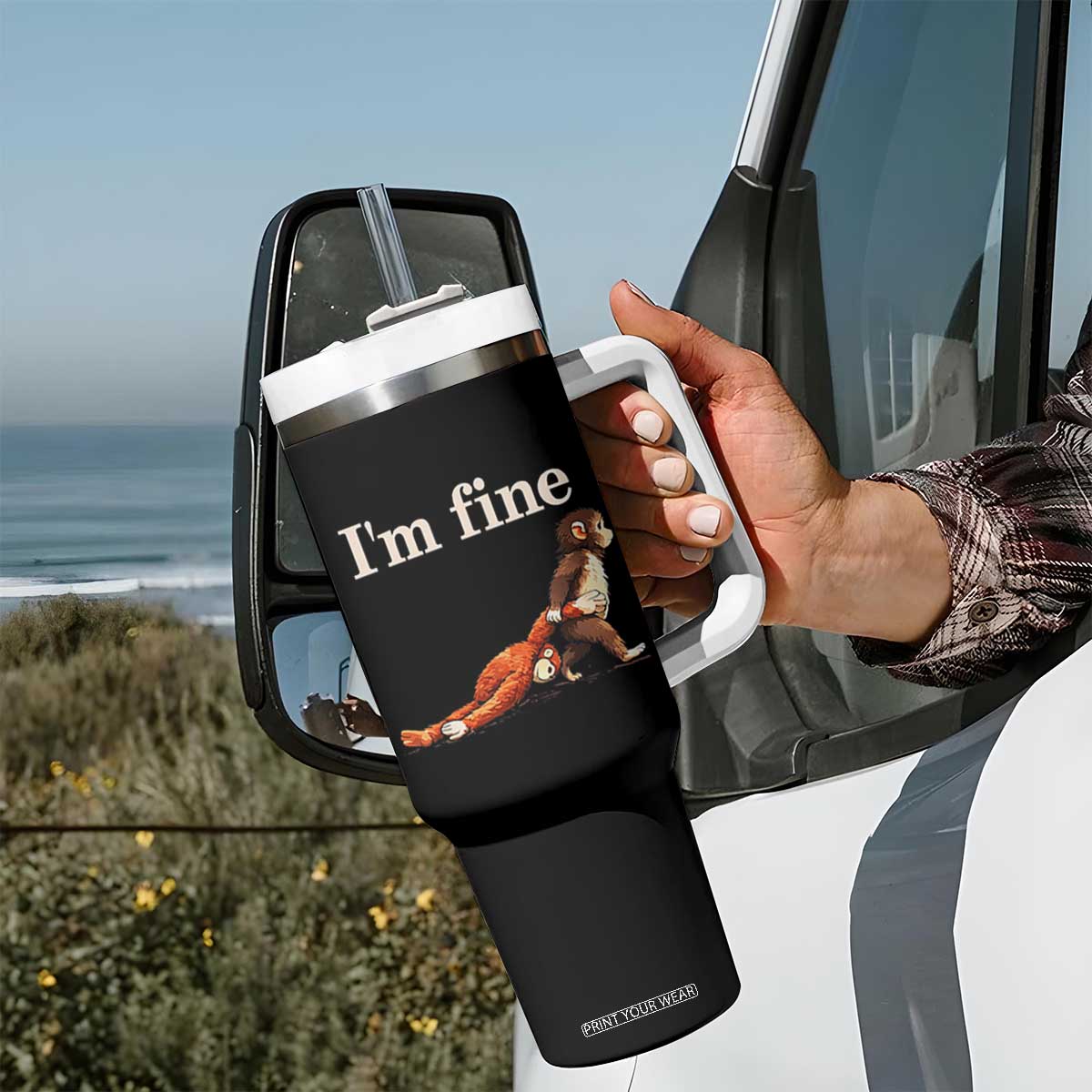 I’m Fine Funny Monkey Meme Tumbler With Handle Viral Punch Baby Monkey Relatable Cute Gift TS02 Print Your Wear