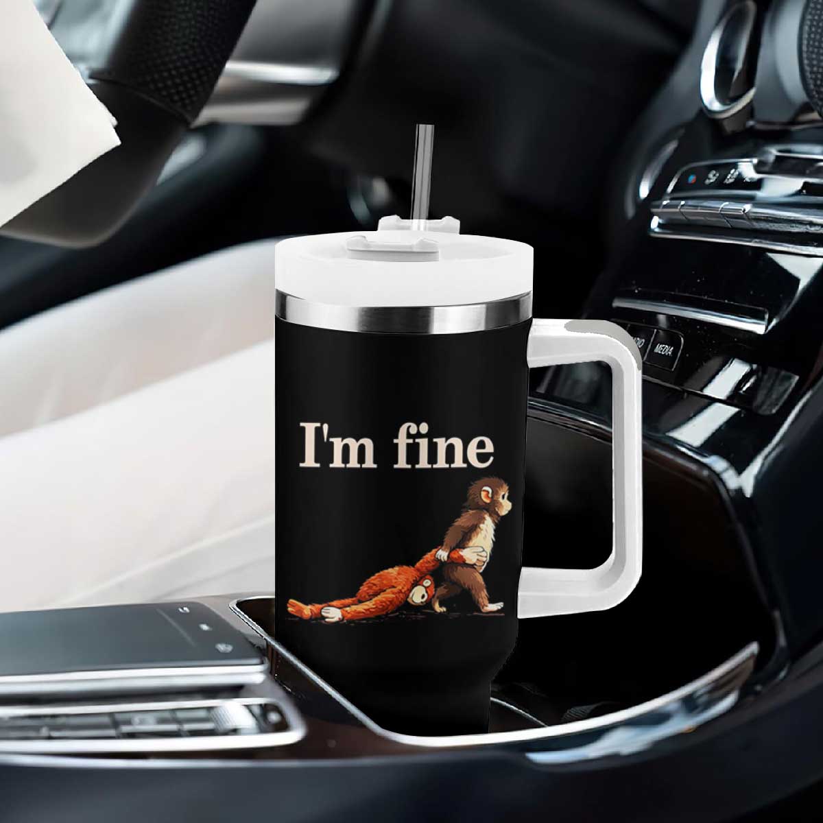 I’m Fine Funny Monkey Meme Tumbler With Handle Viral Punch Baby Monkey Relatable Cute Gift TS02 Print Your Wear