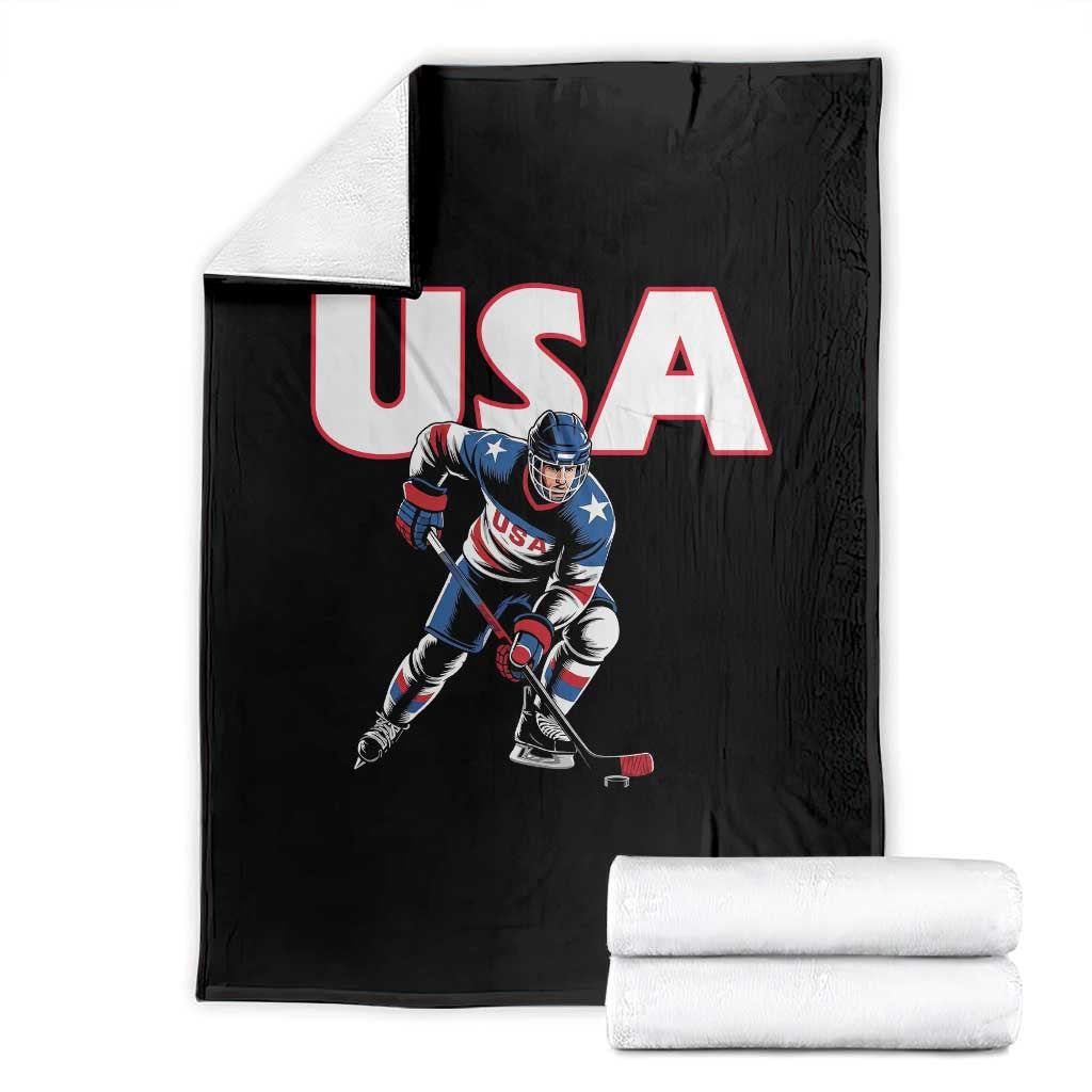 USA Ice Hockey Player Patriotic Graphic Throw Blanket Red White and Blue American Sports Fan TS02 Black Print Your Wear
