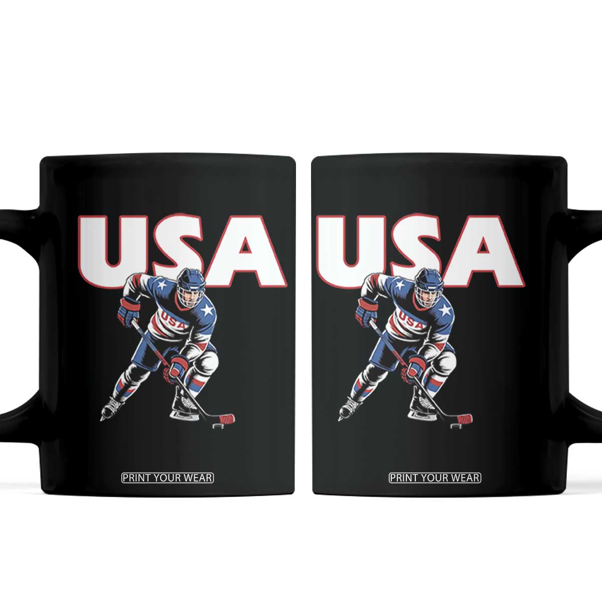 USA Ice Hockey Player Patriotic Graphic Coffee Mug Red White and Blue American Sports Fan TS02 Black Print Your Wear