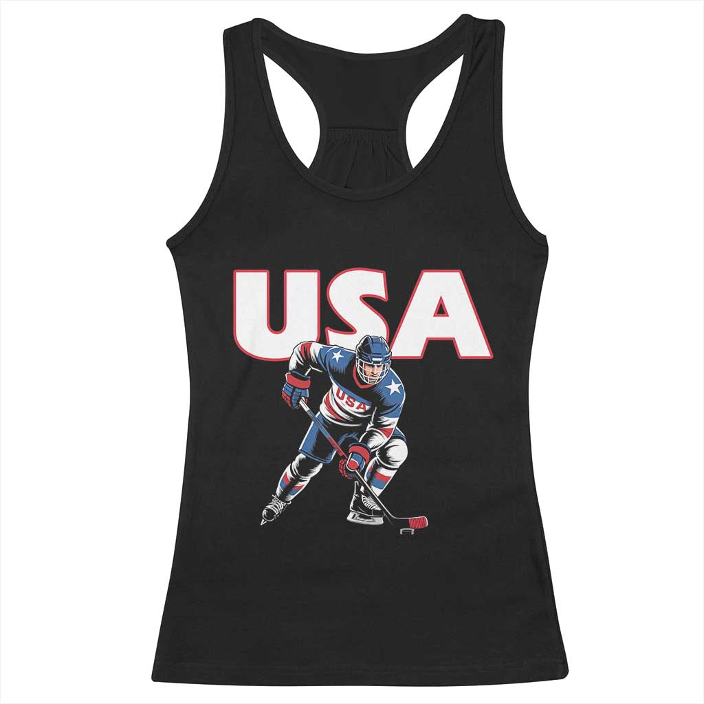 USA Ice Hockey Player Patriotic Graphic Racerback Tank Top Red White and Blue American Sports Fan TS02 Black Print Your Wear