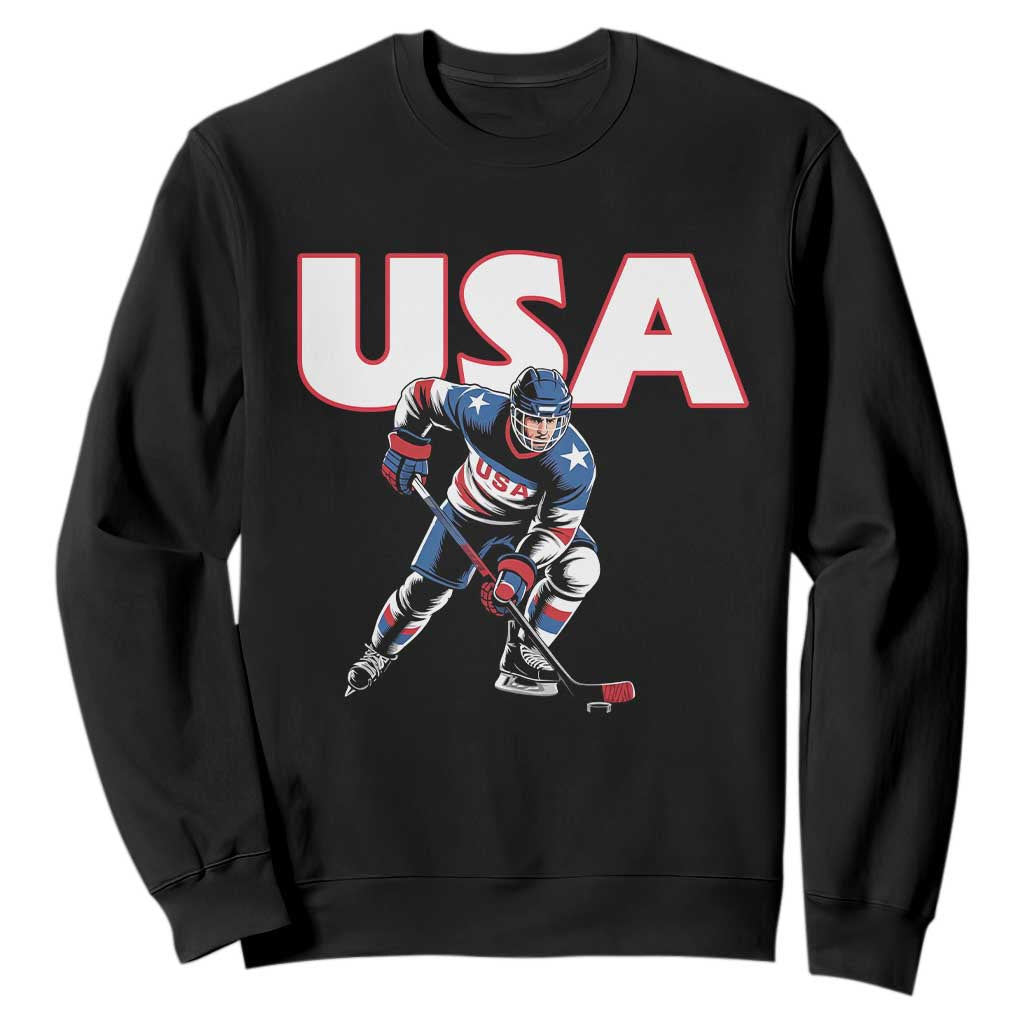 USA Ice Hockey Player Patriotic Graphic Sweatshirt Red White and Blue American Sports Fan TS02 Black Print Your Wear