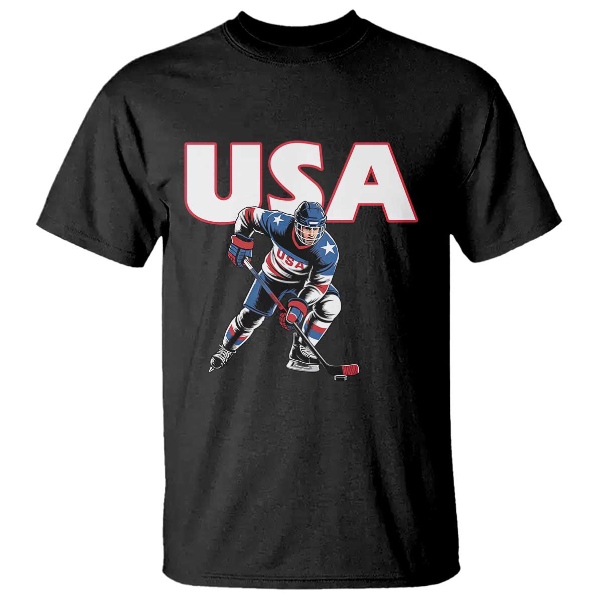 USA Ice Hockey Player Patriotic Graphic T Shirt Red White and Blue American Sports Fan TS02 Black Print Your Wear