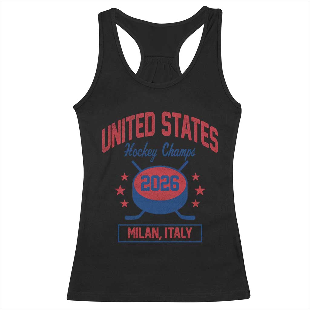 United States Hockey Champs 2026 Milan Italy Racerback Tank Top Patriotic USA Gold Medal Winter Games Fan TS02 Black Print Your Wear