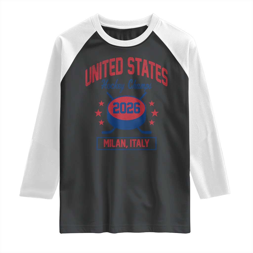 United States Hockey Champs 2026 Milan Italy Raglan Shirt Patriotic USA Gold Medal Winter Games Fan TS02 Black White Print Your Wear
