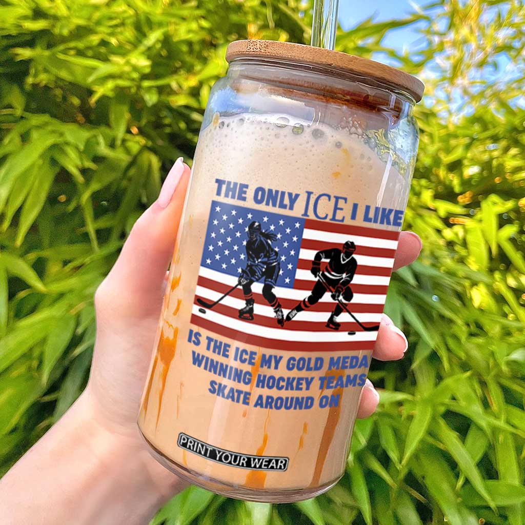 USA Gold Medal Hockey Patriotic American Flag Glass Can The Only Ice I Like Champions TS02 White Print Your Wear