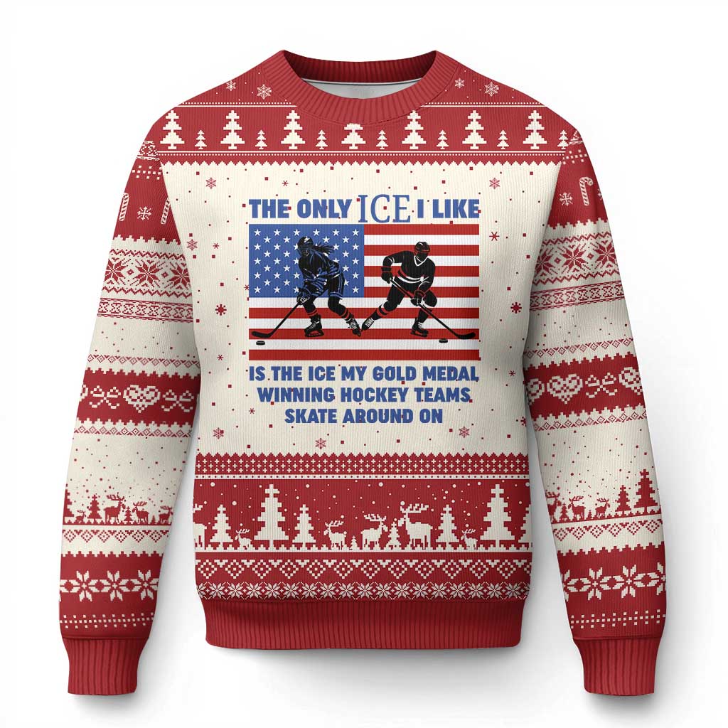 USA Gold Medal Hockey Patriotic American Flag Ugly Christmas Sweater The Only Ice I Like Champions TS02 Beige Red Print Your Wear