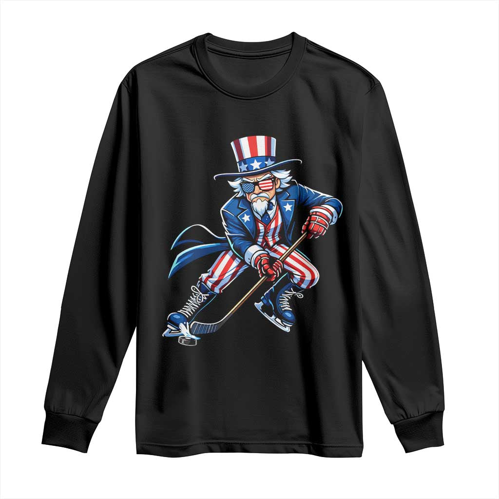 Uncle Sam Playing Hockey Patriotic Graphic Long Sleeve Shirt Funny USA Ice Hockey American Pride TS02 Black Print Your Wear