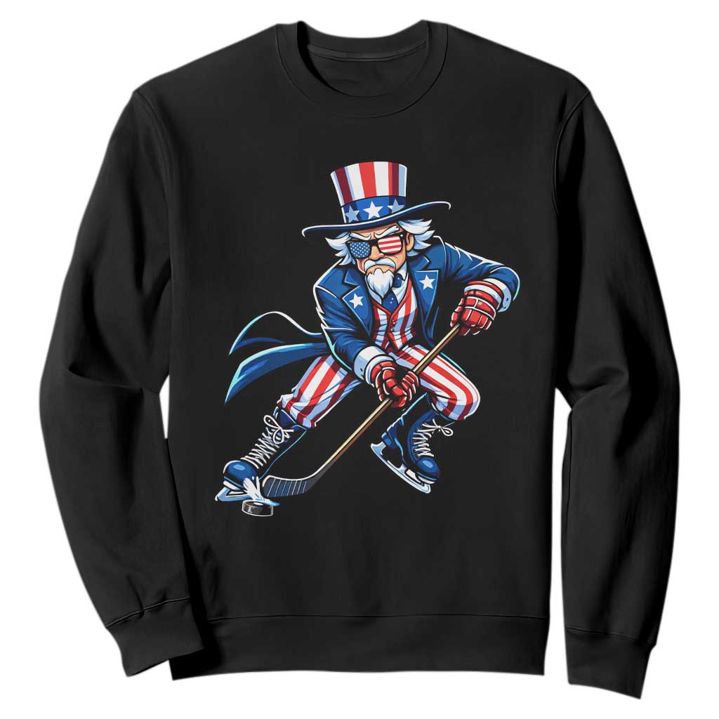 Uncle Sam Playing Hockey Patriotic Graphic Sweatshirt Funny USA Ice Hockey American Pride TS02 Black Print Your Wear