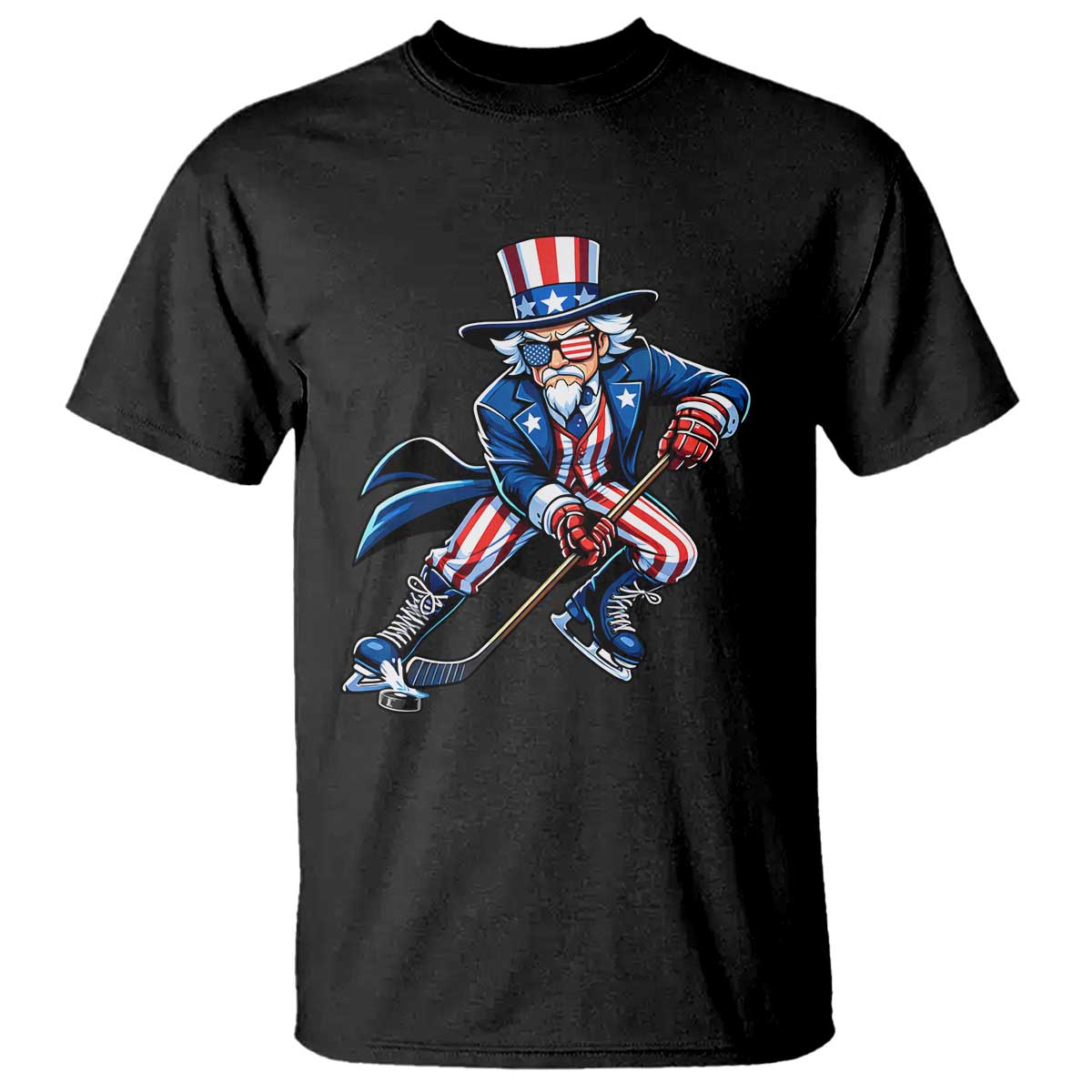 Uncle Sam Playing Hockey Patriotic Graphic T Shirt Funny USA Ice Hockey American Pride TS02 Black Print Your Wear