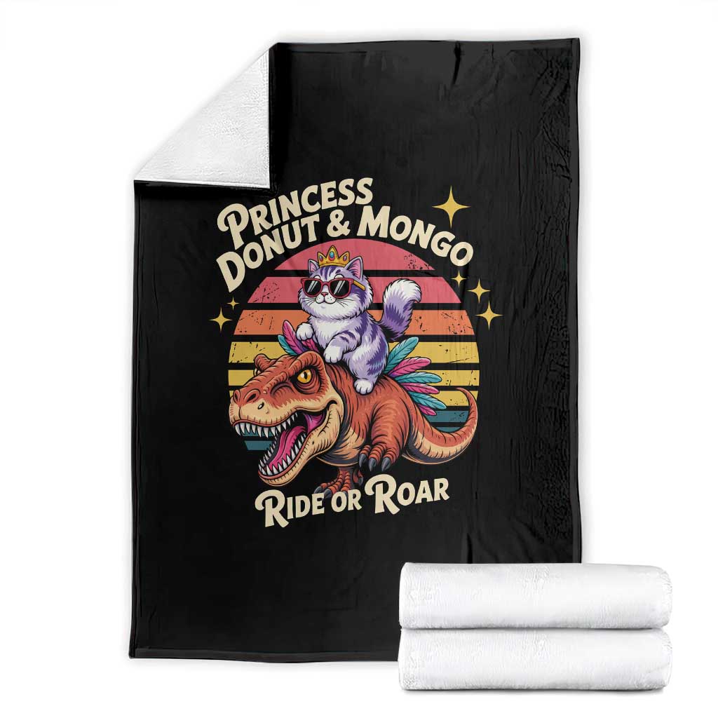 Royal Cat Princess and Raptor Ride or Roar Throw Blanket Funny Cat Riding Dinosaur Retro Sunset TS02 Black Print Your Wear