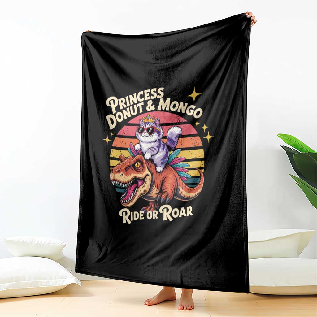 Royal Cat Princess and Raptor Ride or Roar Throw Blanket Funny Cat Riding Dinosaur Retro Sunset TS02 Print Your Wear