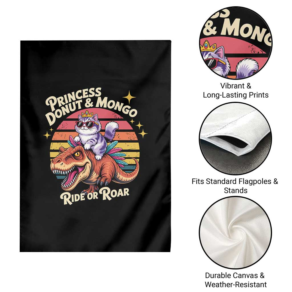 Royal Cat Princess and Raptor Ride or Roar Garden Flag Funny Cat Riding Dinosaur Retro Sunset TS02 Print Your Wear