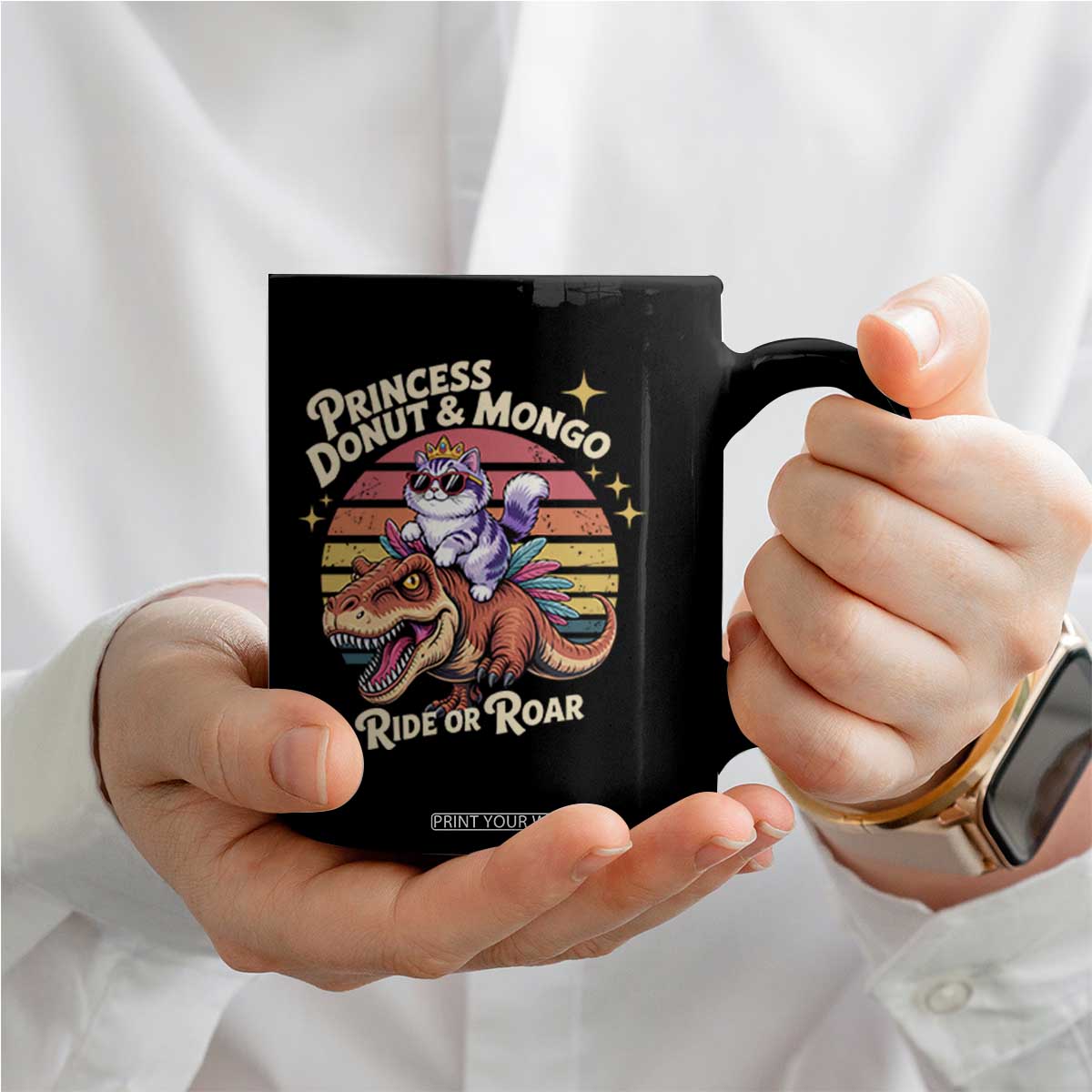 Royal Cat Princess and Raptor Ride or Roar Coffee Mug Funny Cat Riding Dinosaur Retro Sunset TS02 Print Your Wear