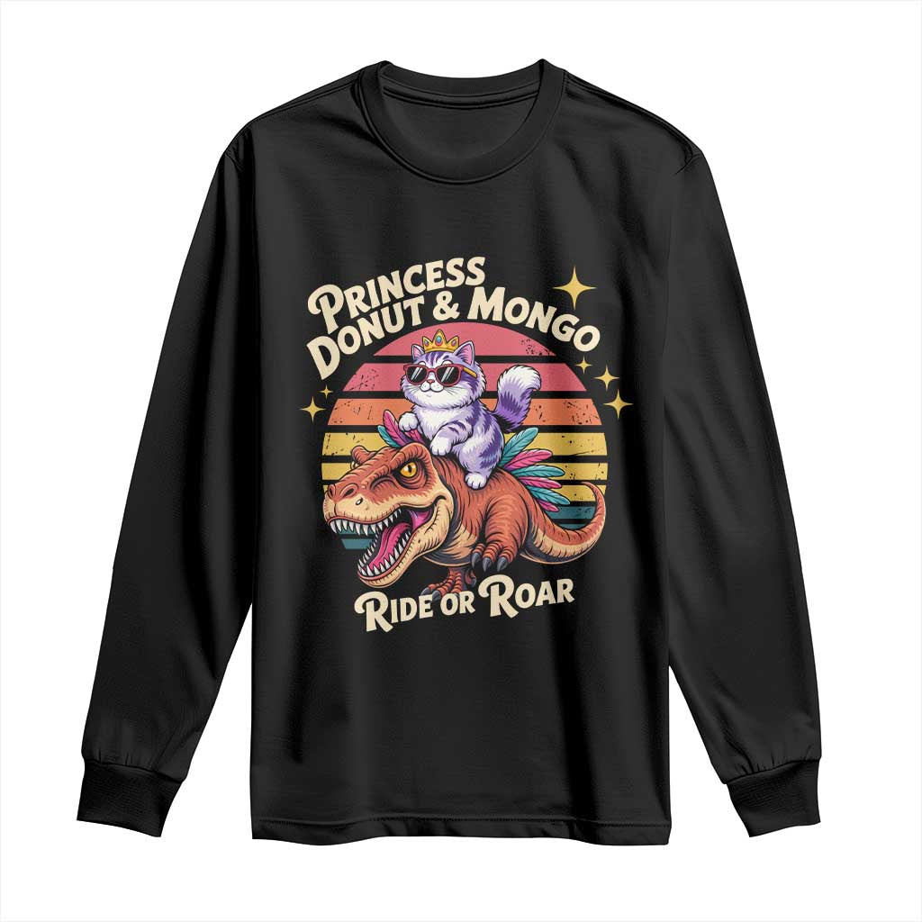 Royal Cat Princess and Raptor Ride or Roar Long Sleeve Shirt Funny Cat Riding Dinosaur Retro Sunset TS02 Black Print Your Wear