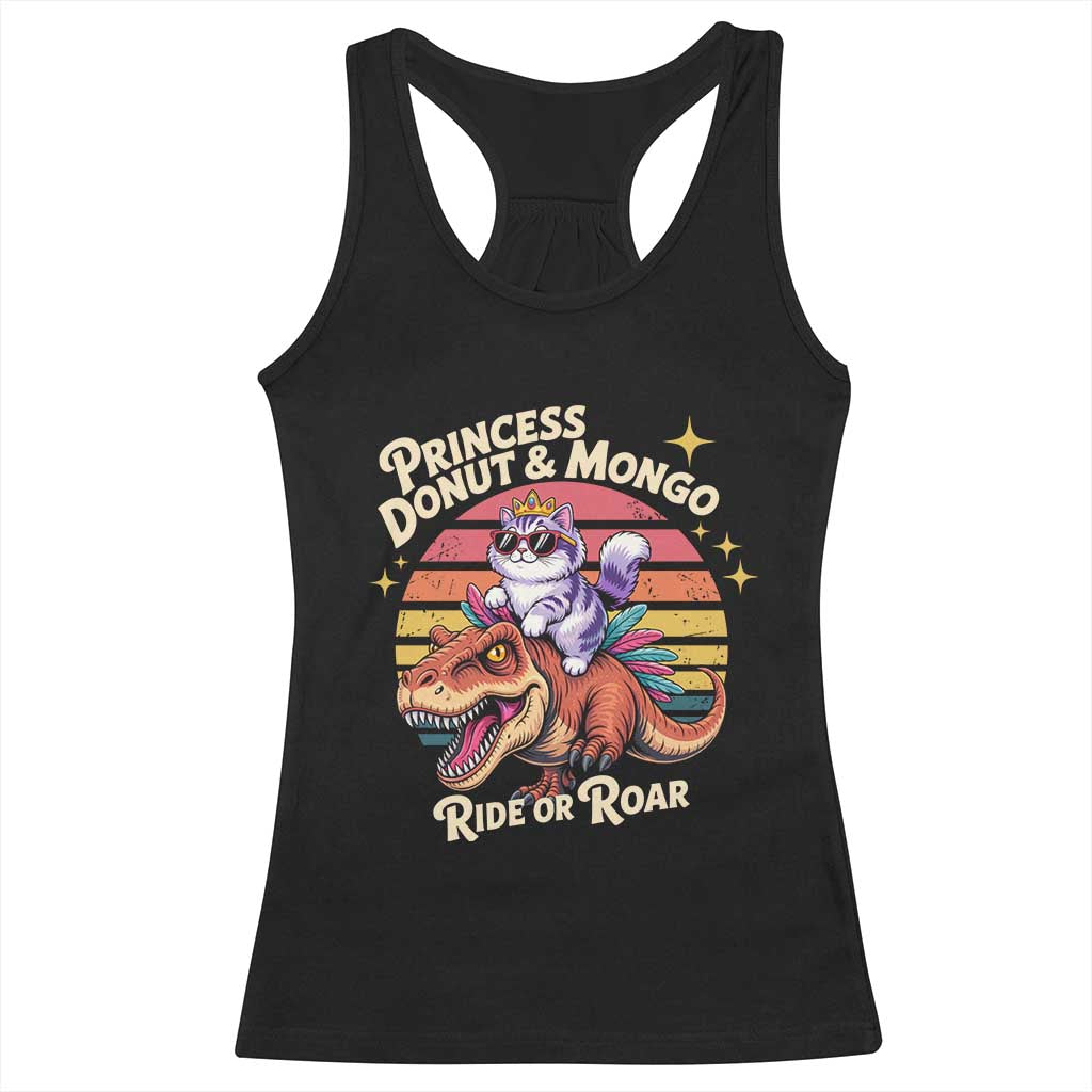 Royal Cat Princess and Raptor Ride or Roar Racerback Tank Top Funny Cat Riding Dinosaur Retro Sunset TS02 Black Print Your Wear