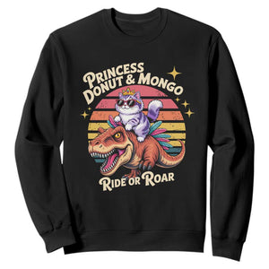 Royal Cat Princess and Raptor Ride or Roar Sweatshirt Funny Cat Riding Dinosaur Retro Sunset TS02 Black Print Your Wear