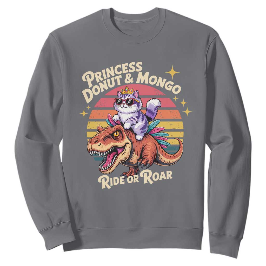 Royal Cat Princess and Raptor Ride or Roar Sweatshirt Funny Cat Riding Dinosaur Retro Sunset TS02 Charcoal Print Your Wear