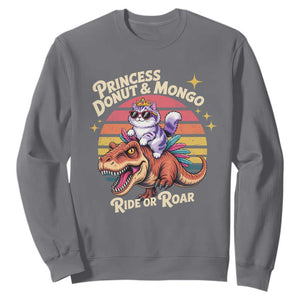 Royal Cat Princess and Raptor Ride or Roar Sweatshirt Funny Cat Riding Dinosaur Retro Sunset TS02 Charcoal Print Your Wear
