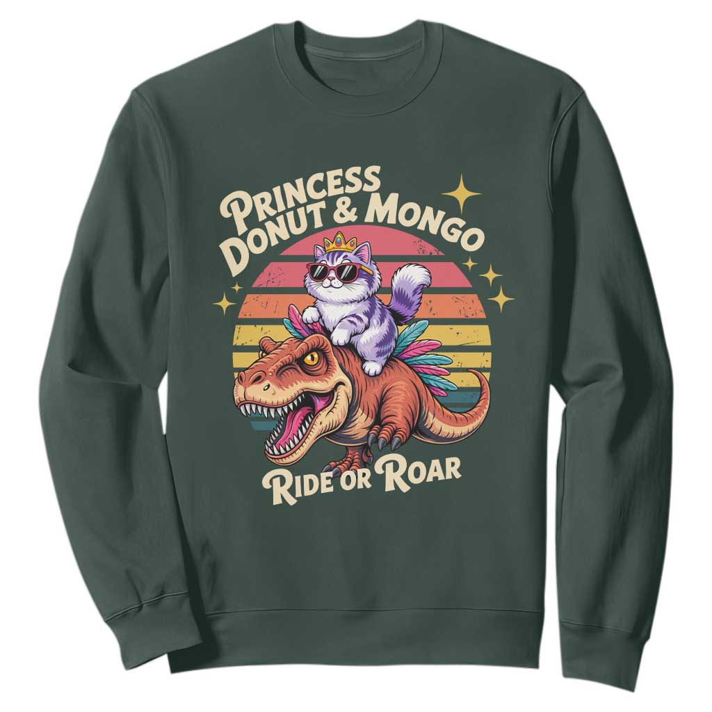 Royal Cat Princess and Raptor Ride or Roar Sweatshirt Funny Cat Riding Dinosaur Retro Sunset TS02 Dark Forest Green Print Your Wear