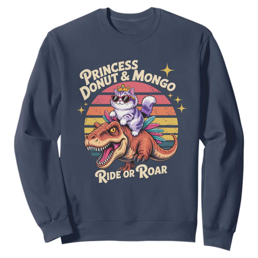Royal Cat Princess and Raptor Ride or Roar Sweatshirt Funny Cat Riding Dinosaur Retro Sunset TS02 Navy Print Your Wear