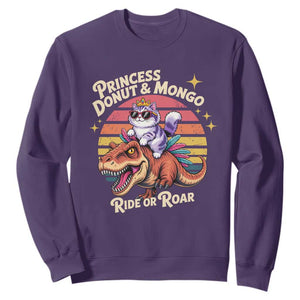 Royal Cat Princess and Raptor Ride or Roar Sweatshirt Funny Cat Riding Dinosaur Retro Sunset TS02 Purple Print Your Wear