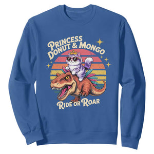 Royal Cat Princess and Raptor Ride or Roar Sweatshirt Funny Cat Riding Dinosaur Retro Sunset TS02 Royal Blue Print Your Wear