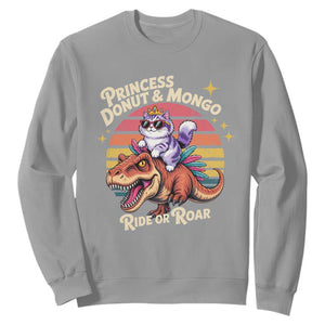 Royal Cat Princess and Raptor Ride or Roar Sweatshirt Funny Cat Riding Dinosaur Retro Sunset TS02 Sport Gray Print Your Wear