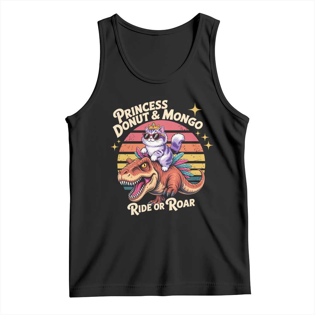 Royal Cat Princess and Raptor Ride or Roar Tank Top Funny Cat Riding Dinosaur Retro Sunset TS02 Black Print Your Wear