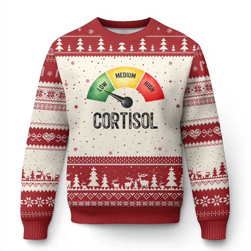 Funny Low Cortisol Stress Meter Ugly Christmas Sweater Low Medium High Anxiety Humor TS02 Beige Red Print Your Wear
