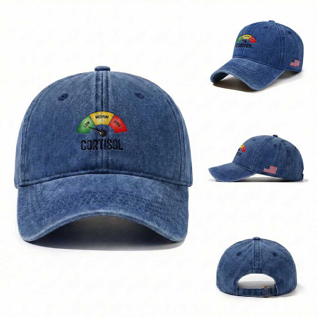 Funny Low Cortisol Stress Meter Washed Cotton Baseball Cap Low Medium High Anxiety Humor TS02 Washed Cap Universal Fit Royal Blue Print Your Wear