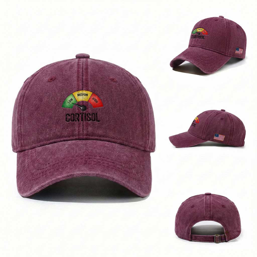 Funny Low Cortisol Stress Meter Washed Cotton Baseball Cap Low Medium High Anxiety Humor TS02 Washed Cap Universal Fit Burgundy Print Your Wear