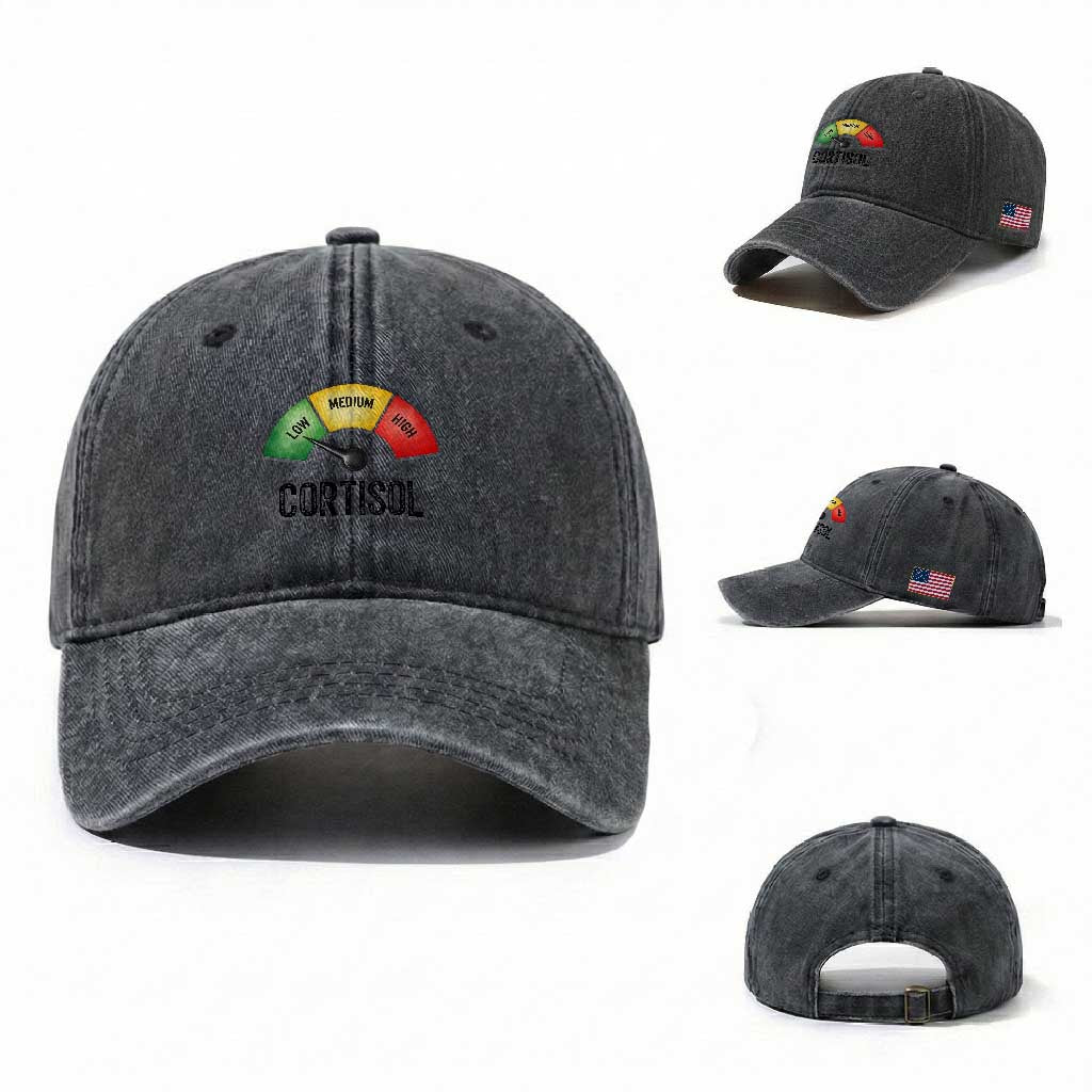 Funny Low Cortisol Stress Meter Washed Cotton Baseball Cap Low Medium High Anxiety Humor TS02 Washed Cap Universal Fit Dark Gray Print Your Wear