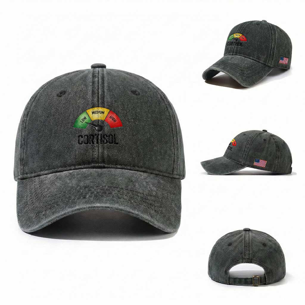 Funny Low Cortisol Stress Meter Washed Cotton Baseball Cap Low Medium High Anxiety Humor TS02 Washed Cap Universal Fit Dark Green Print Your Wear