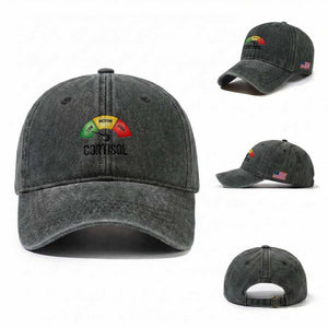 Funny Low Cortisol Stress Meter Washed Cotton Baseball Cap Low Medium High Anxiety Humor TS02 Washed Cap Universal Fit Dark Green Print Your Wear