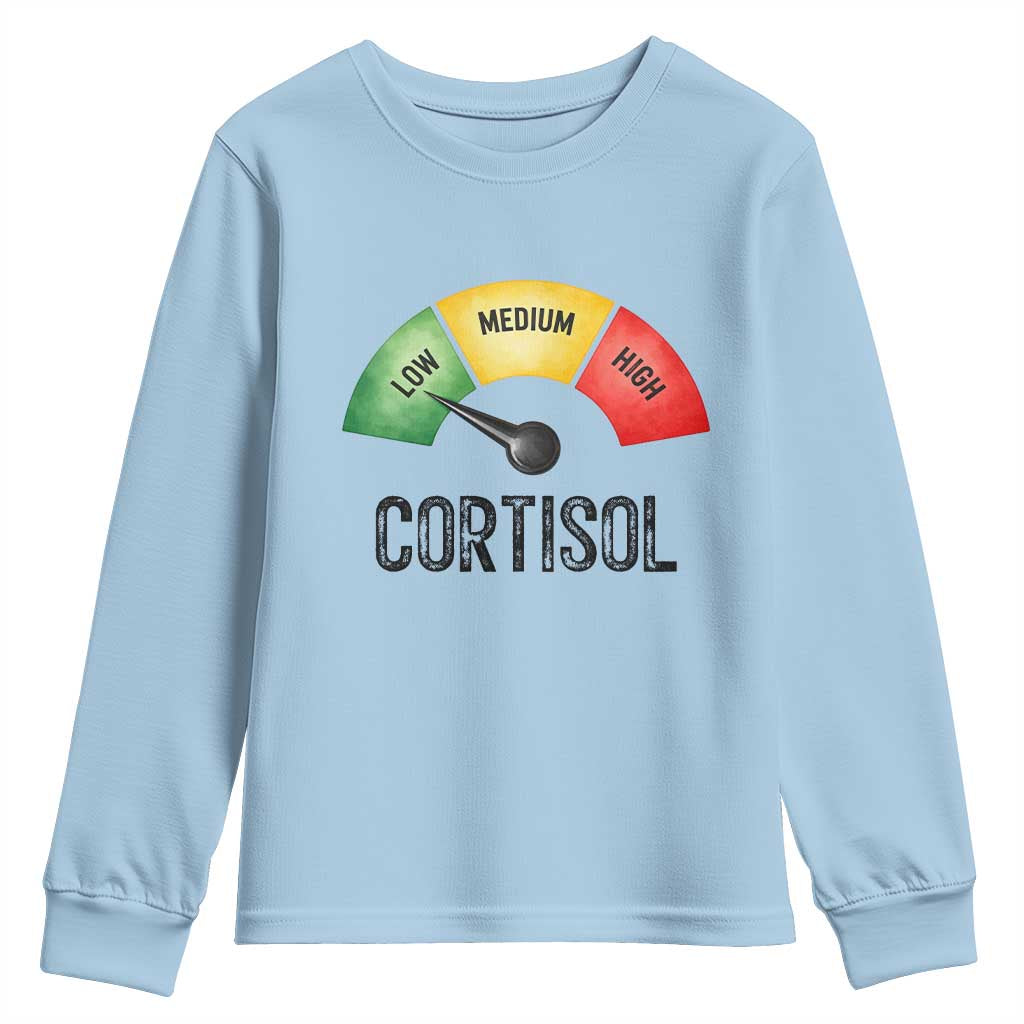 Funny Low Cortisol Stress Meter Youth Sweatshirt Low Medium High Anxiety Humor TS02 Light Blue Print Your Wear