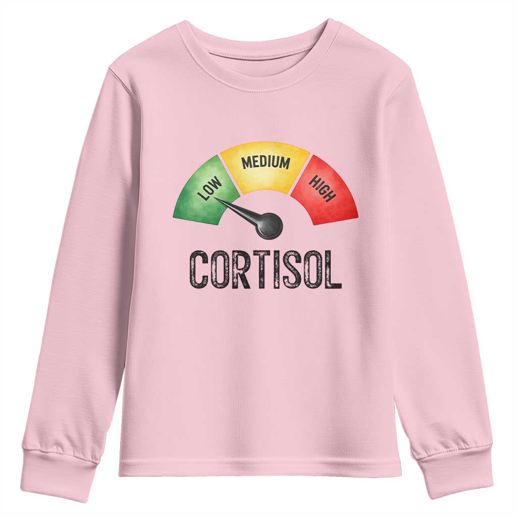 Funny Low Cortisol Stress Meter Youth Sweatshirt Low Medium High Anxiety Humor TS02 Light Pink Print Your Wear