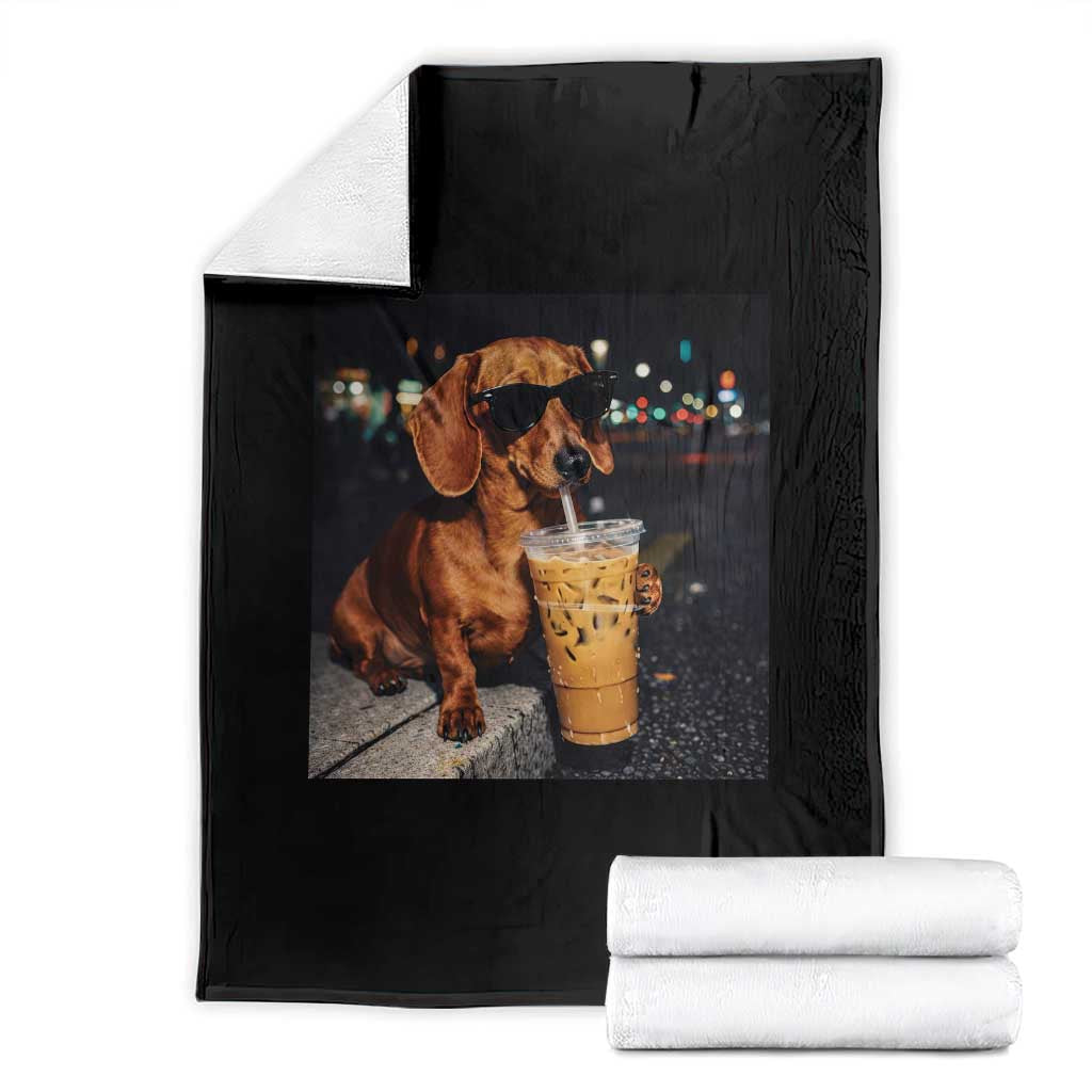 Cool Dachshund Drinking Iced Coffee Graphic Throw Blanket Funny Wiener Dog Night Vibes Aesthetic TS02 Black Print Your Wear