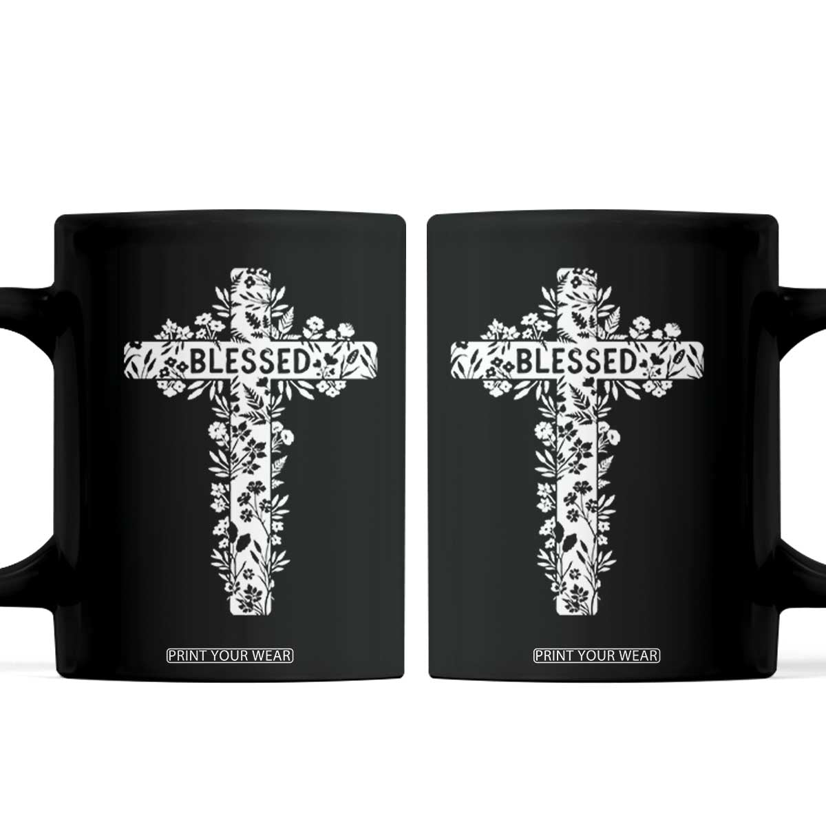 Blessed Floral Cross Christian Graphic Coffee Mug Faith Inspired Minimalist Scripture TS02 Black Print Your Wear