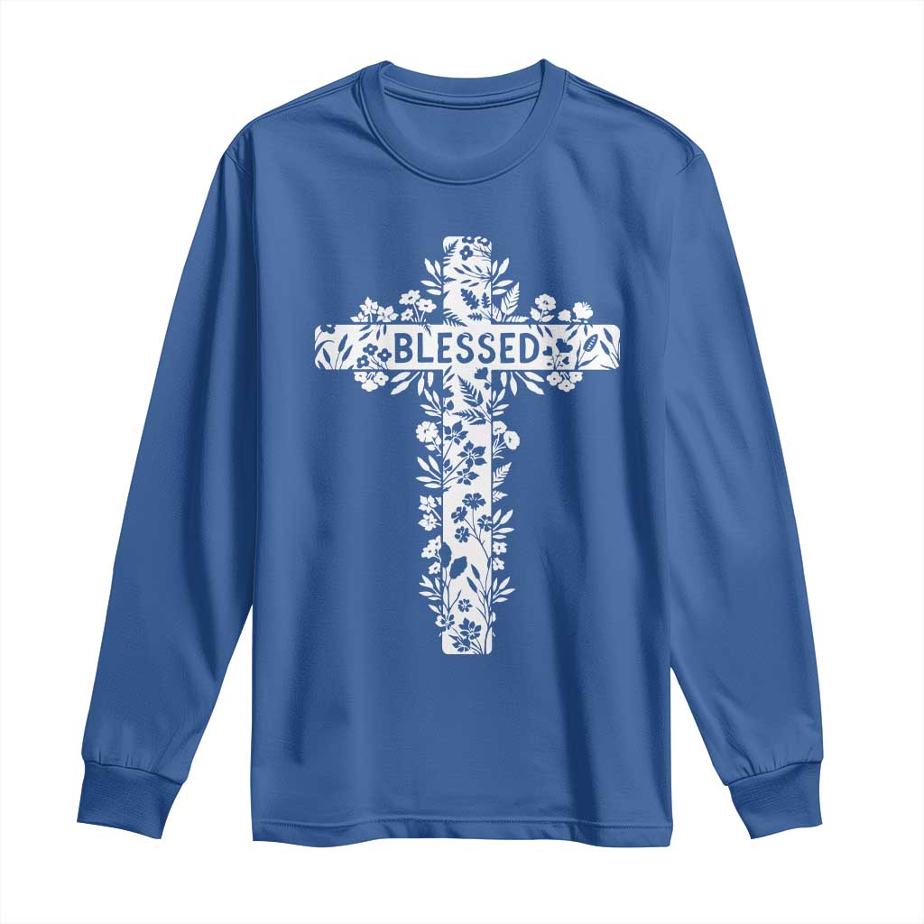 Blessed Floral Cross Christian Graphic Long Sleeve Shirt Faith Inspired Minimalist Scripture TS02 Royal Blue Print Your Wear
