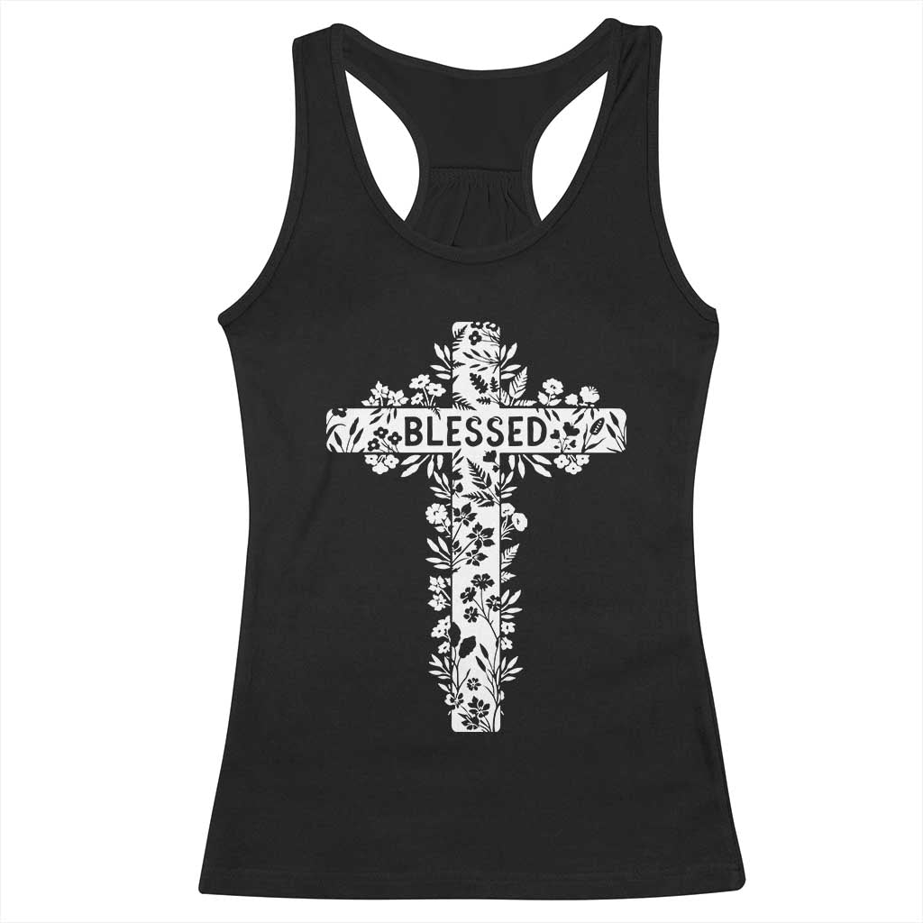 Blessed Floral Cross Christian Graphic Racerback Tank Top Faith Inspired Minimalist Scripture TS02 Black Print Your Wear