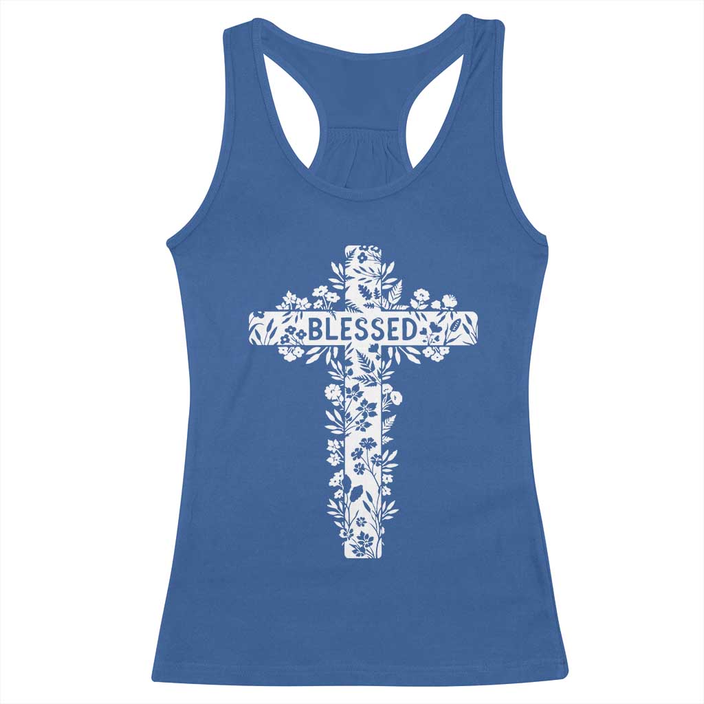 Blessed Floral Cross Christian Graphic Racerback Tank Top Faith Inspired Minimalist Scripture TS02 Royal Blue Print Your Wear