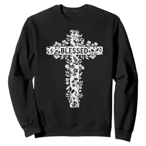 Blessed Floral Cross Christian Graphic Sweatshirt Faith Inspired Minimalist Scripture TS02 Black Print Your Wear