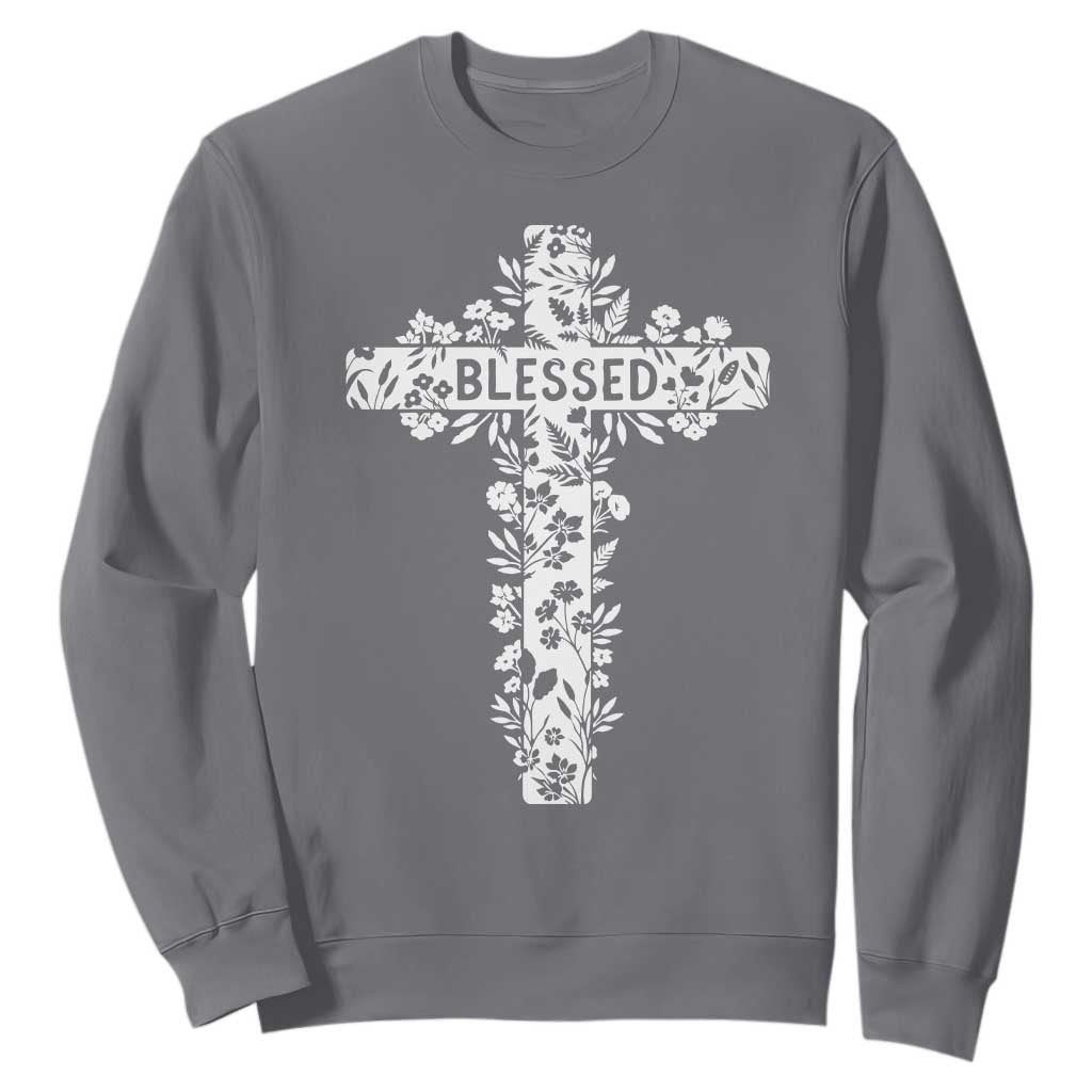 Blessed Floral Cross Christian Graphic Sweatshirt Faith Inspired Minimalist Scripture TS02 Charcoal Print Your Wear