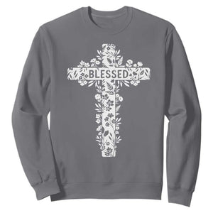 Blessed Floral Cross Christian Graphic Sweatshirt Faith Inspired Minimalist Scripture TS02 Charcoal Print Your Wear