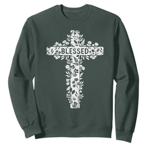 Blessed Floral Cross Christian Graphic Sweatshirt Faith Inspired Minimalist Scripture TS02 Dark Forest Green Print Your Wear