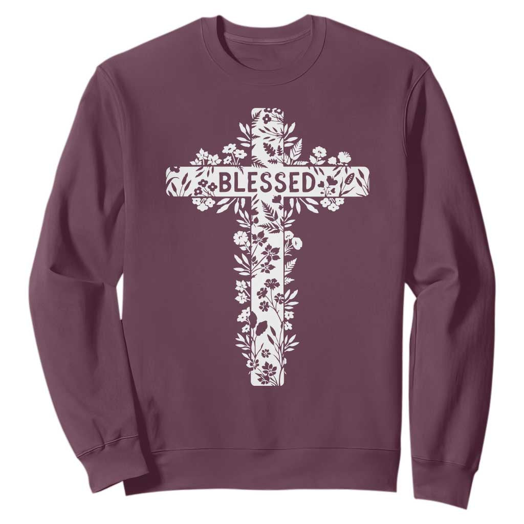 Blessed Floral Cross Christian Graphic Sweatshirt Faith Inspired Minimalist Scripture TS02 Maroon Print Your Wear