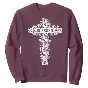 Blessed Floral Cross Christian Graphic Sweatshirt Faith Inspired Minimalist Scripture TS02 Maroon Print Your Wear
